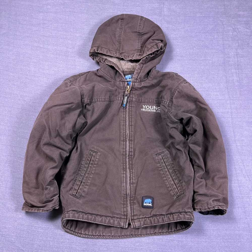 Berne Sherpa Lined Hooded Canvas Work Jacket Youth Small 7-8 Brown Cotton